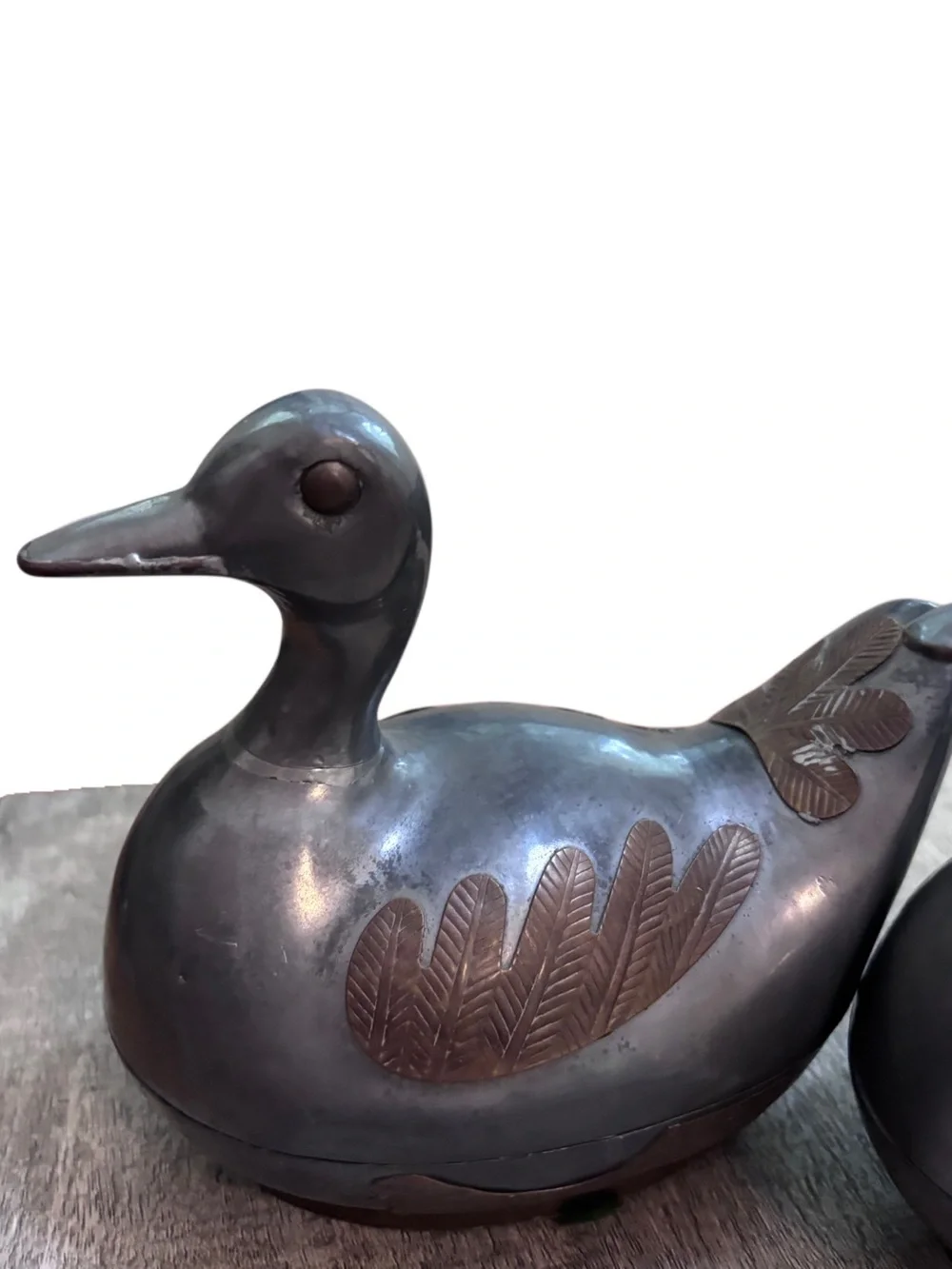 Two Vintage 5” Pewter w/ Brass Ducks w/Lids Trinket Box Heavy - Mid Century